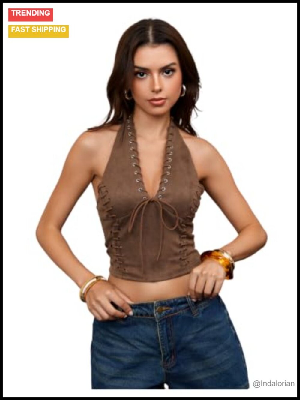 Faux Suede Lace Up Halter Cowgirl Western Crop Top Sleeveless